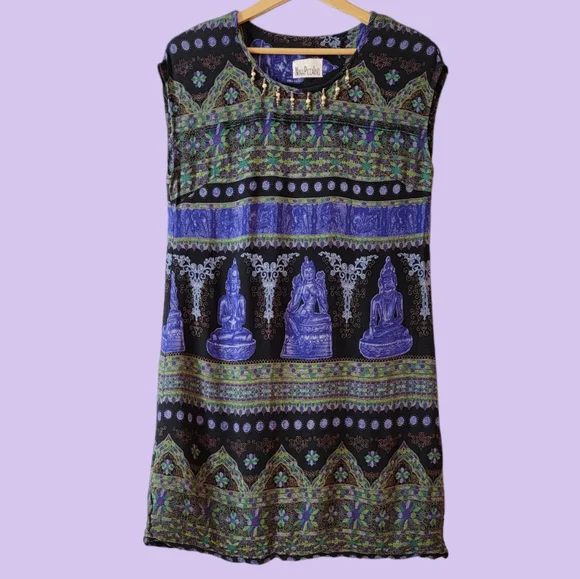vintage beaded midi fairy dress Vintage silk print beaded fairy dress + scarf main image 0